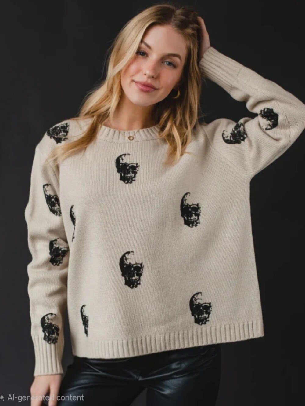 Panache Apparel Halloween Spooky Skull Print Crewneck Sweater Size Small